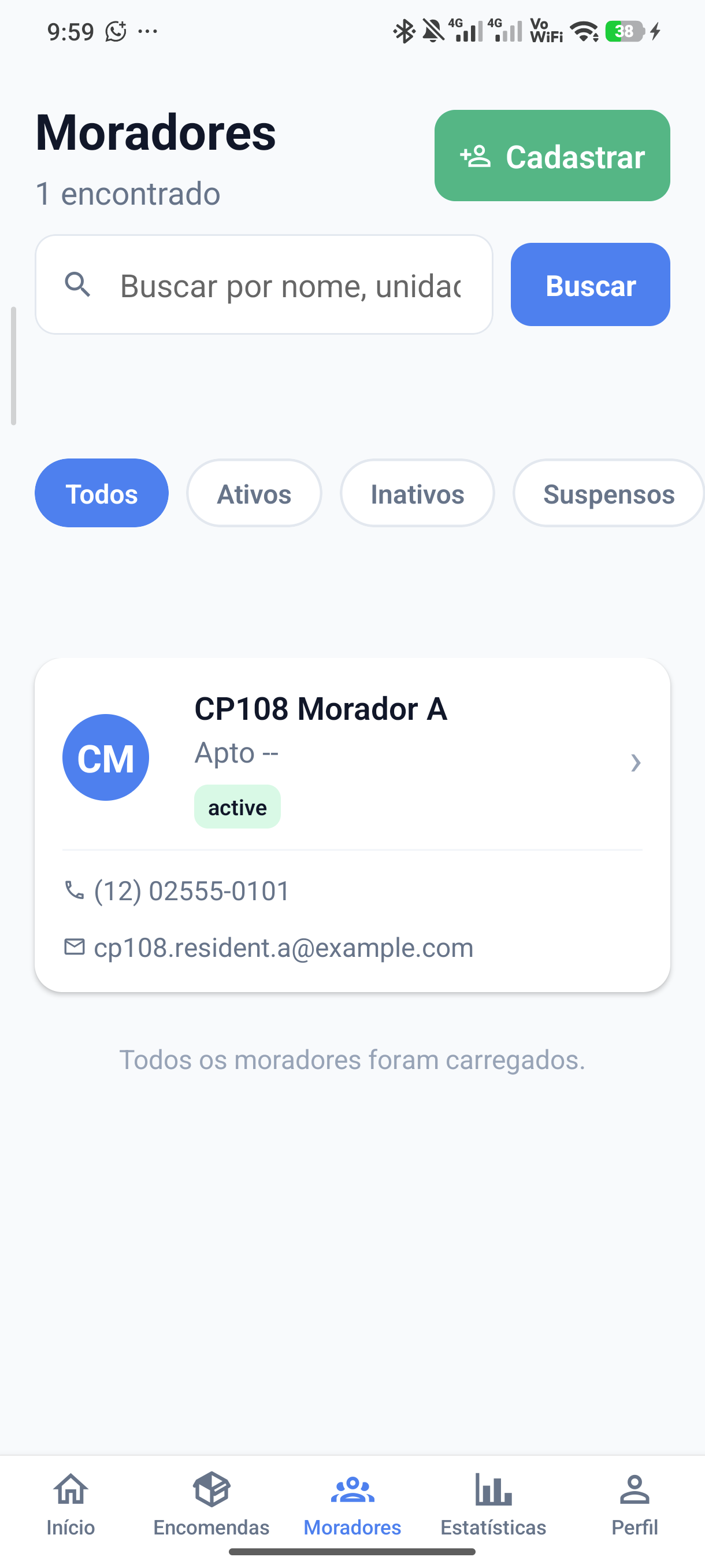 Tela real da área de moradores
